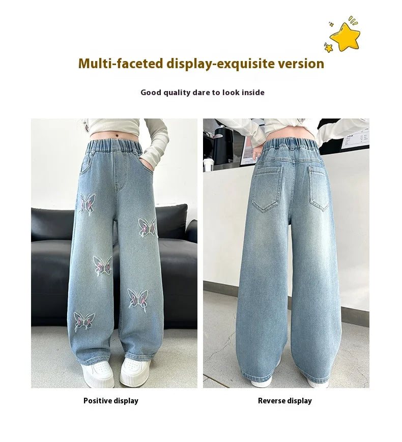 Girls Butterfly Ripped Jeans | Wide-Leg Pants Fashionable Slimming | Kids | USA