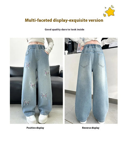 Girls Butterfly Ripped Jeans | Wide-Leg Pants Fashionable Slimming | Kids | USA