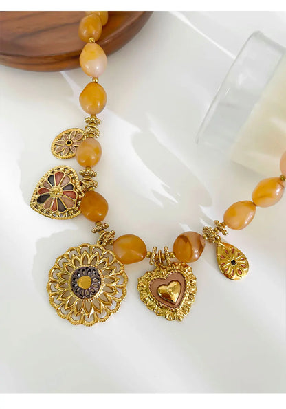 18K Gold Plated Heart Pendant Necklace | Resin Bead Chain | Women's Jewelry