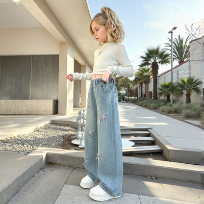 Girls Butterfly Ripped Jeans | Wide-Leg Pants Fashionable Slimming | Kids | USA