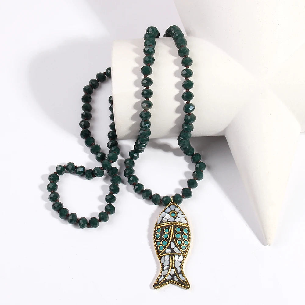 Fashion Bohemian Tribal Necklace | Red Green Crystal Glass Pendant | USA Australia