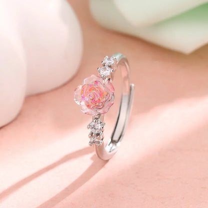 Rose Flower Sterling Silver Ring | Adjustable Pink Zircon Floral Band | USA