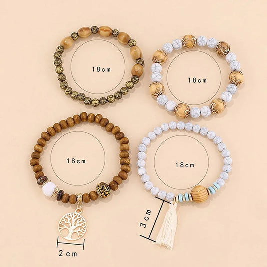 4-Piece Tree of Life Bracelet Set | Wooden Beaded Boho Bangles | USA Australia