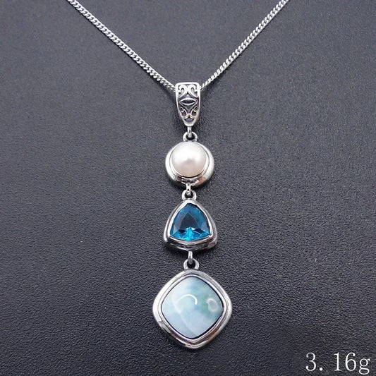 1 Pcs Silver Color Handmade Necklace Pendant Unique Beautiful Blue Natural Sea Pattern And Pearl Pendants Jewelry