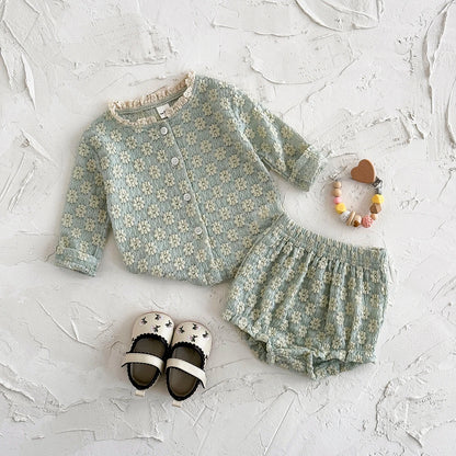 Summer Hot European Style Style Floral Embroidery Baby Onesie Set Breathable Long Sleeve Top + Shorts Baby 2Pcs Set