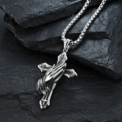Necklace For Men National Retro Style Hand Of Prayer Stainless Steel Cross Fresh Fashion Necklace Personality Niche Pendant