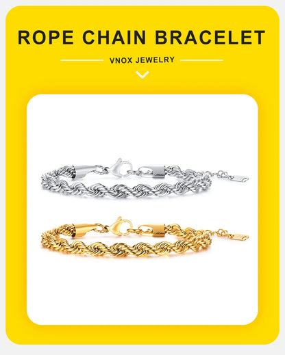 Unisex Rope Chain Bracelet | Stainless Steel Twisted Links | Women Men | USA