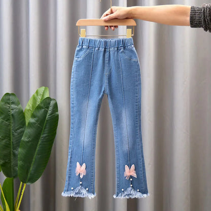2024 Autumn Elastic Kids Jeans | Girls Cute Bow Denim Flared Pants | Ages 3-12 | USA