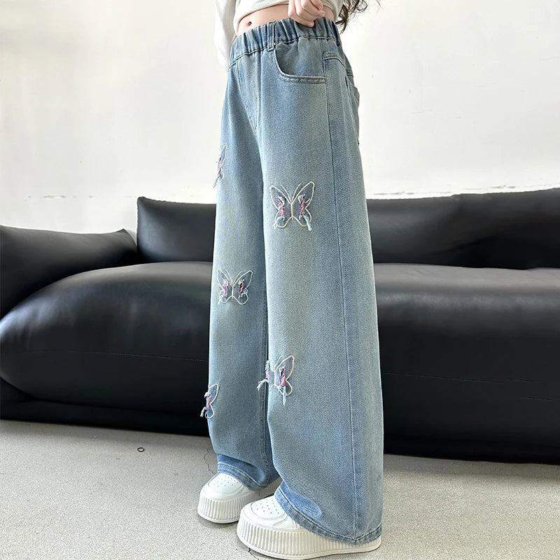 Girls Butterfly Ripped Jeans | Wide-Leg Pants Fashionable Slimming | Kids | USA