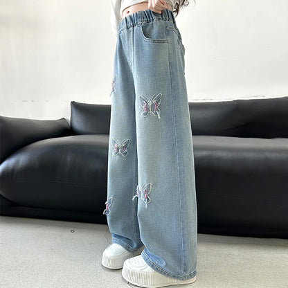 Girls Butterfly Ripped Jeans | Wide-Leg Pants Fashionable Slimming | Kids | USA