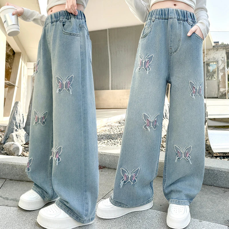 Girls Butterfly Ripped Jeans | Wide-Leg Pants Fashionable Slimming | Kids | USA