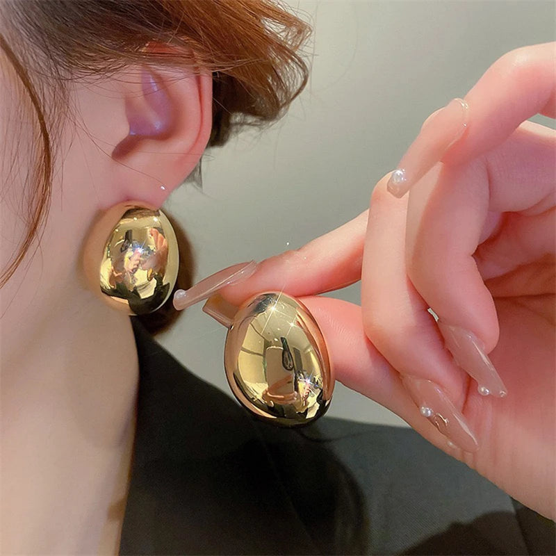 Hollow Oval Stud Earrings - Exquisite Metal Smooth OL Style